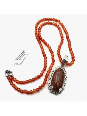 Gold Stone Necklace Sterling Silver Pendant Enhancer Gemstone Bead 20 Inch